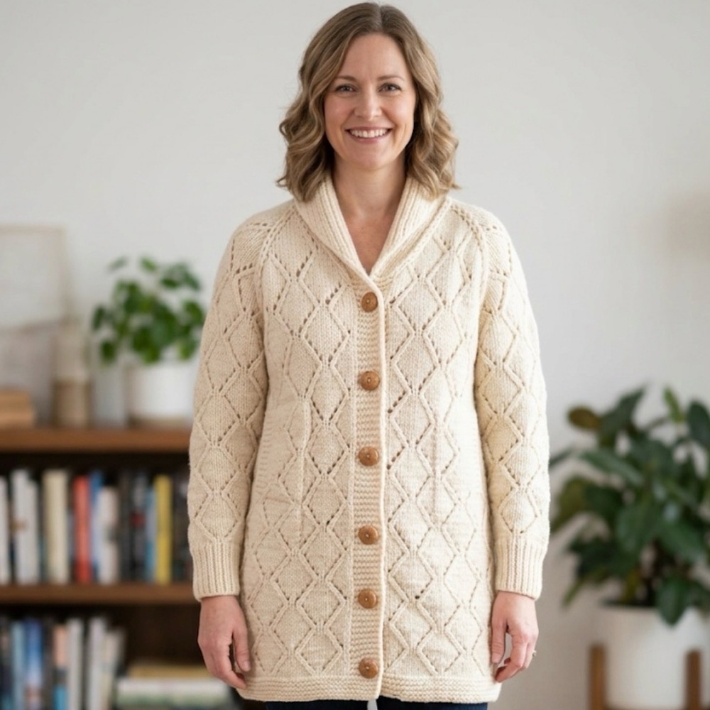 Saks Fifth Avenue Cream Shawl-Collar Diamond Cable Cardigan